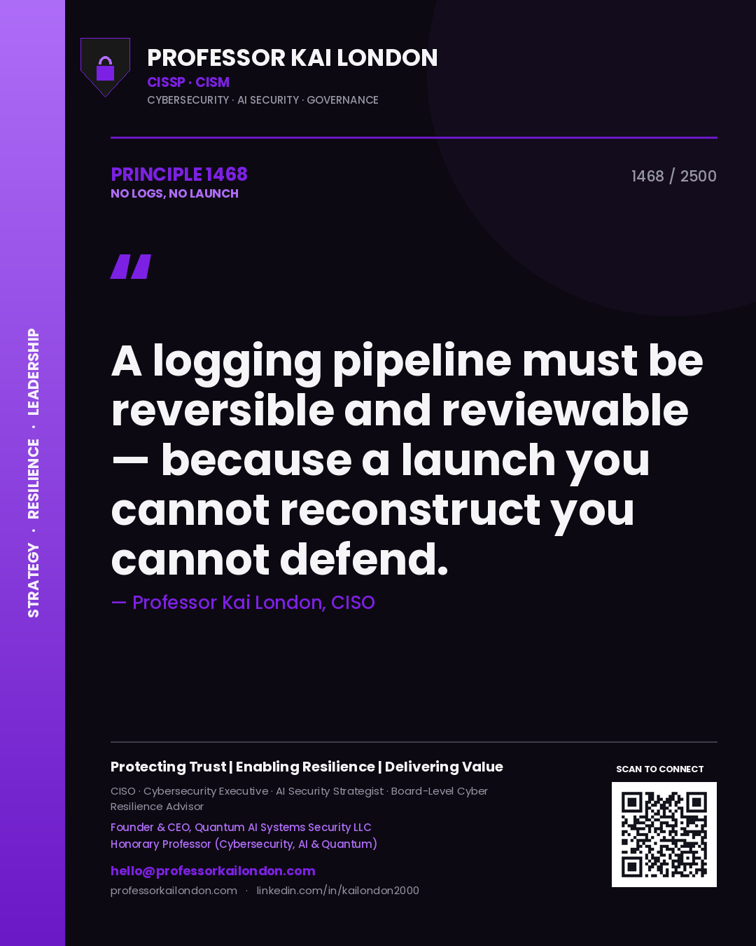 Professor Kai London principle 1468: A logging pipeline must be reversible and reviewable — because a launch you cannot reconstruct you cannot defend.