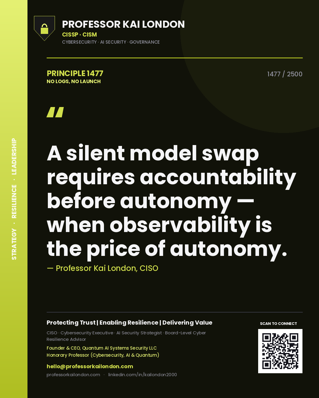 Professor Kai London principle 1477: A silent model swap requires accountability before autonomy — when observability is the price of autonomy.