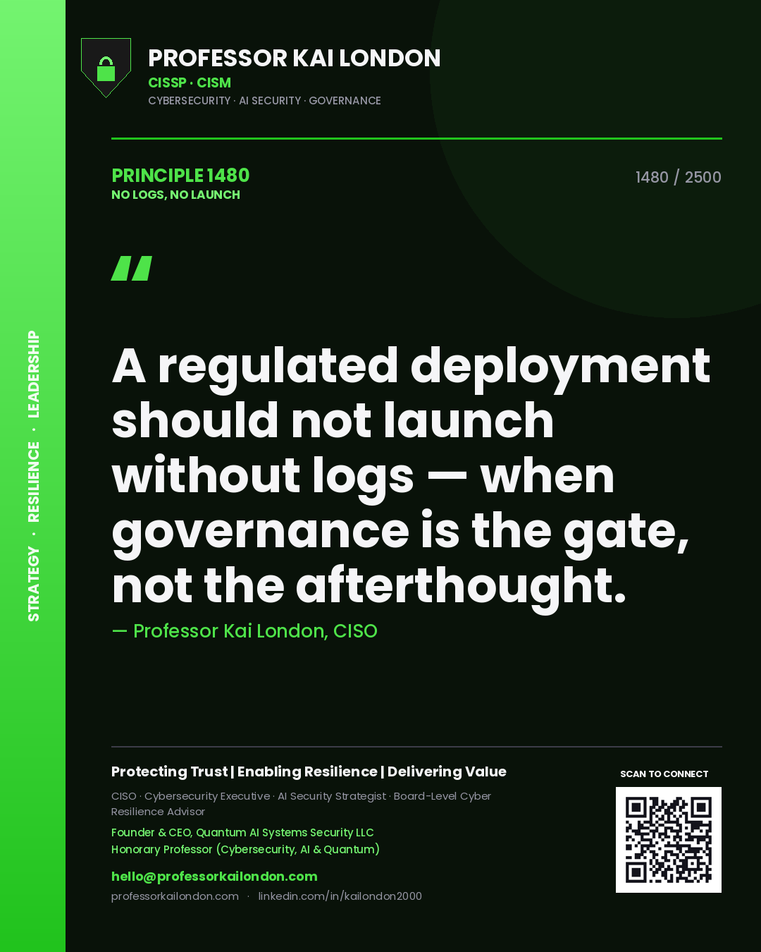 Professor Kai London principle 1480: A regulated deployment should not launch without logs — when governance is the gate, not the afterthought.