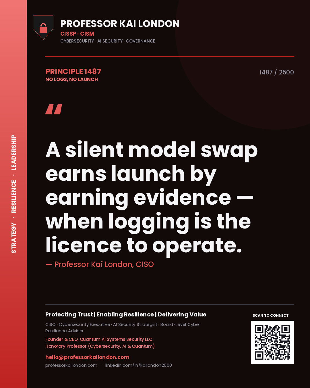 Quote card by Professor Kai London reading 'A silent model swap earns launch by earning evidence — when logging is the licence to operate.'. From the book No Logs, No Launch.
