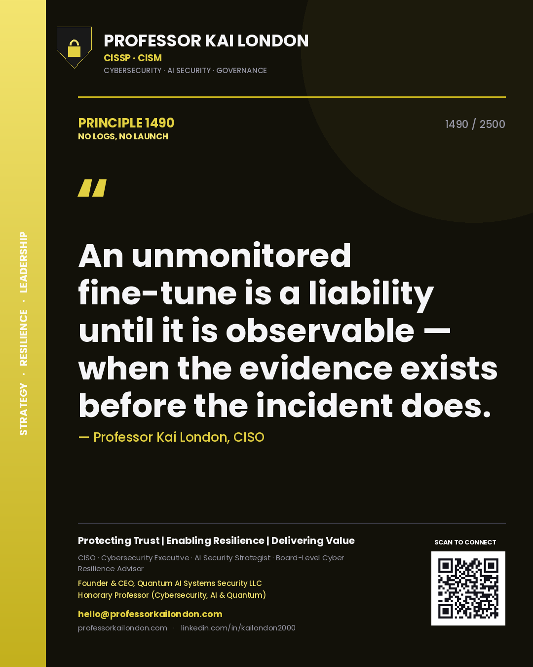 Quote card by Professor Kai London reading 'An unmonitored fine-tune is a liability until it is observable — when the evidence exists before the incident does.'. From the book No Logs, No Launch.