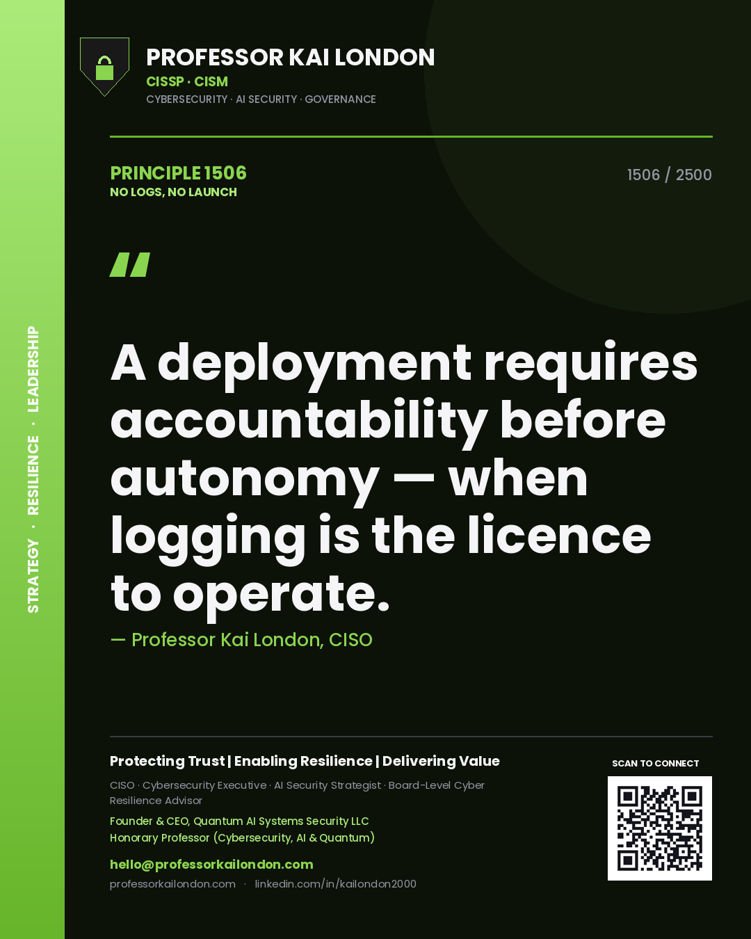 Quote card by Professor Kai London reading 'A deployment requires accountability before autonomy — when logging is the licence to operate.'. From the book No Logs, No Launch.