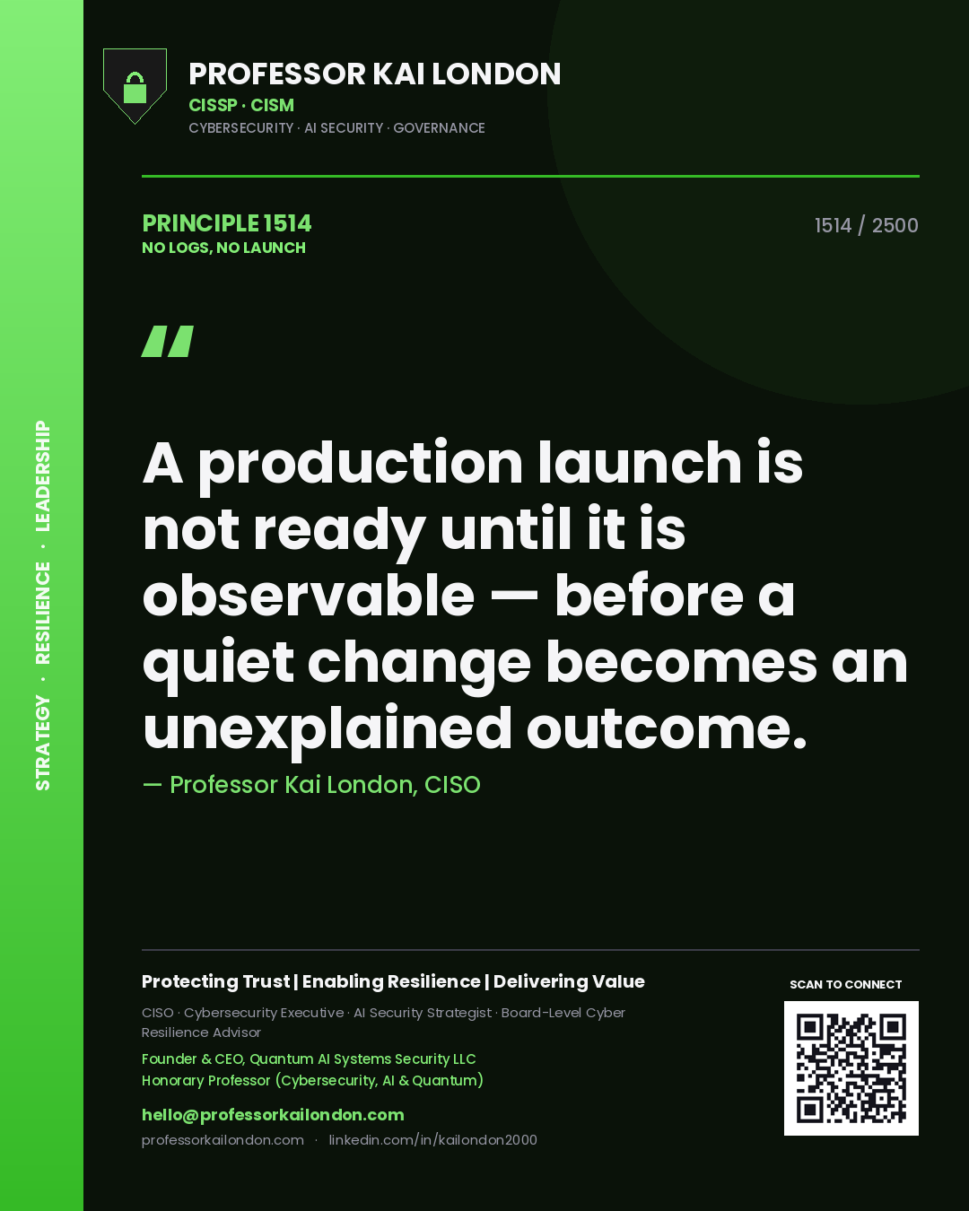 Professor Kai London principle 1514: A production launch is not ready until it is observable — before a quiet change becomes an unexplained outcome.