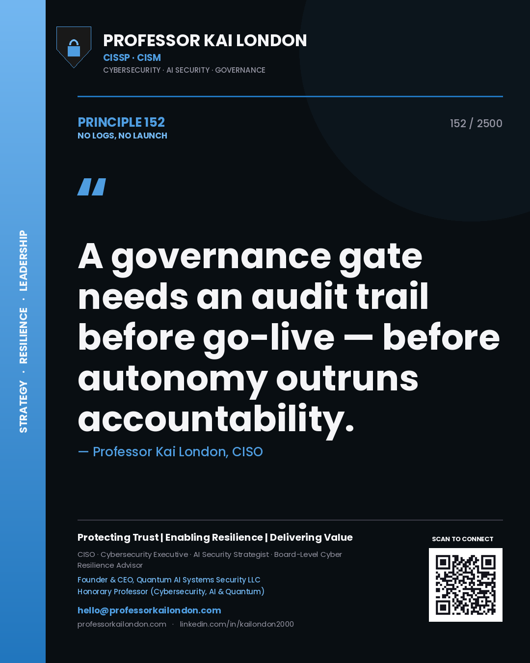 Quote card by Professor Kai London reading 'A governance gate needs an audit trail before go-live — before autonomy outruns accountability.'. From the book No Logs, No Launch.