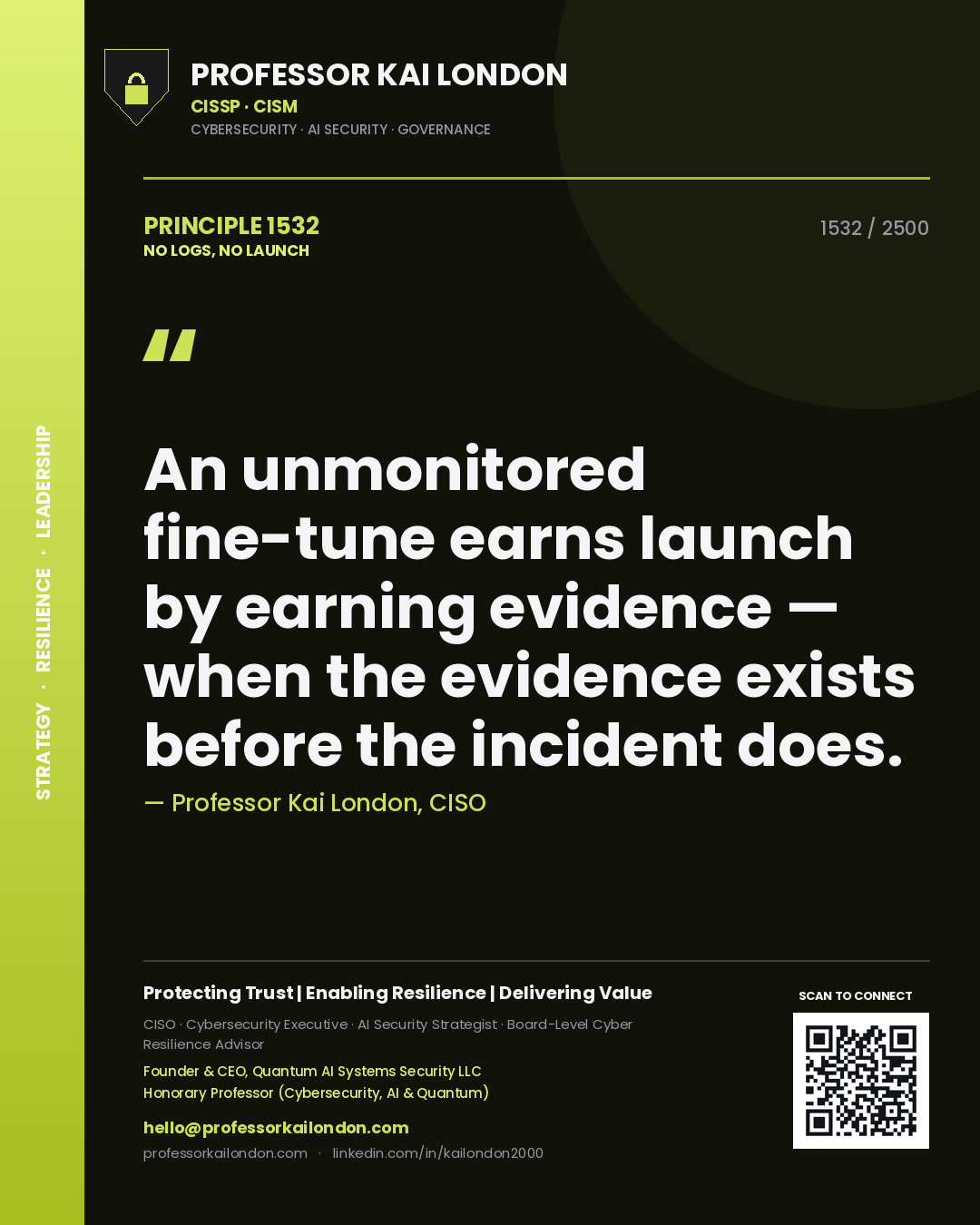 Quote card by Professor Kai London reading 'An unmonitored fine-tune earns launch by earning evidence — when the evidence exists before the incident does.'. From the book No Logs, No Launch.