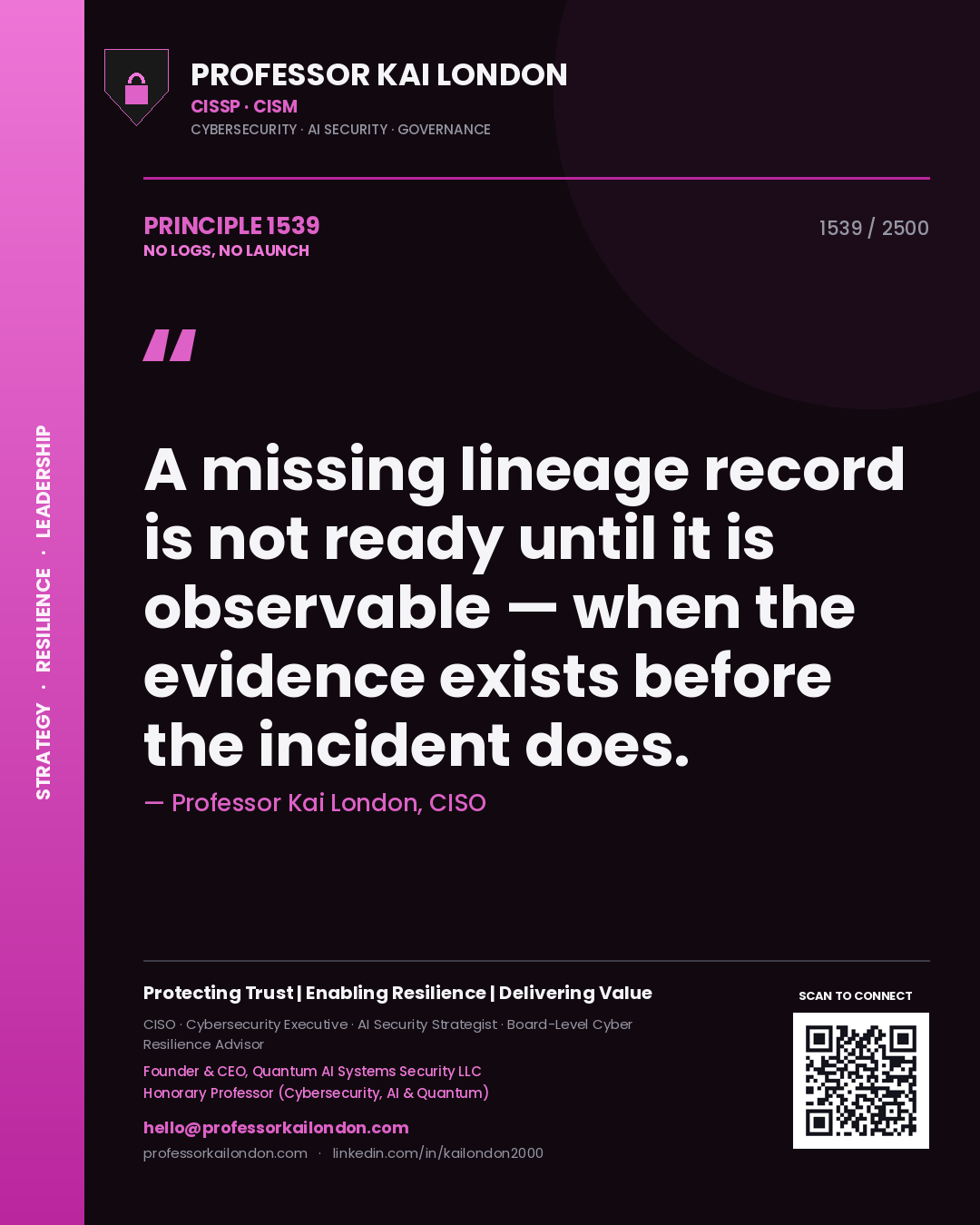 Quote card by Professor Kai London reading 'A missing lineage record is not ready until it is observable — when the evidence exists before the incident does.'. From the book No Logs, No Launch.