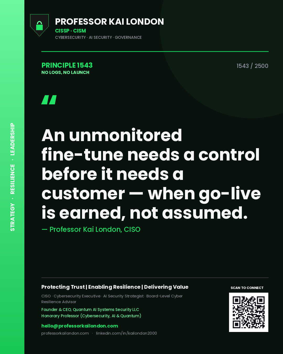 Professor Kai London principle 1543: An unmonitored fine-tune needs a control before it needs a customer — when go-live is earned, not assumed.