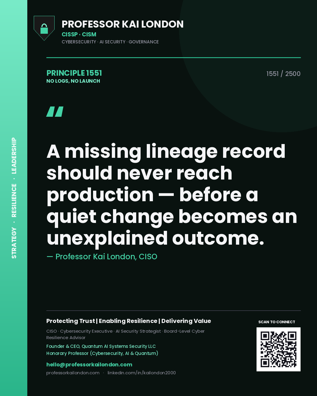 Professor Kai London principle 1551: A missing lineage record should never reach production — before a quiet change becomes an unexplained outcome.