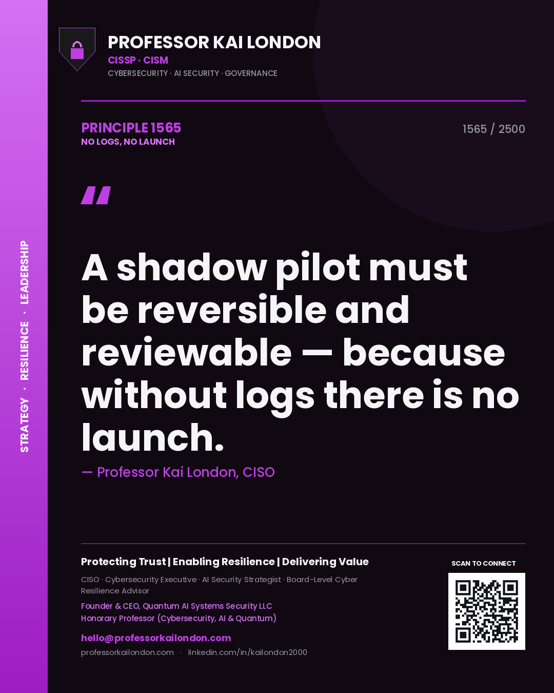 Quote card by Professor Kai London reading 'A shadow pilot must be reversible and reviewable — because without logs there is no launch.'. From the book No Logs, No Launch.