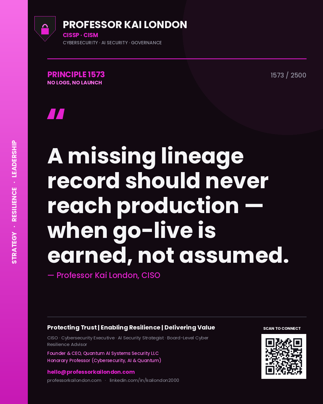 Professor Kai London principle 1573: A missing lineage record should never reach production — when go-live is earned, not assumed.