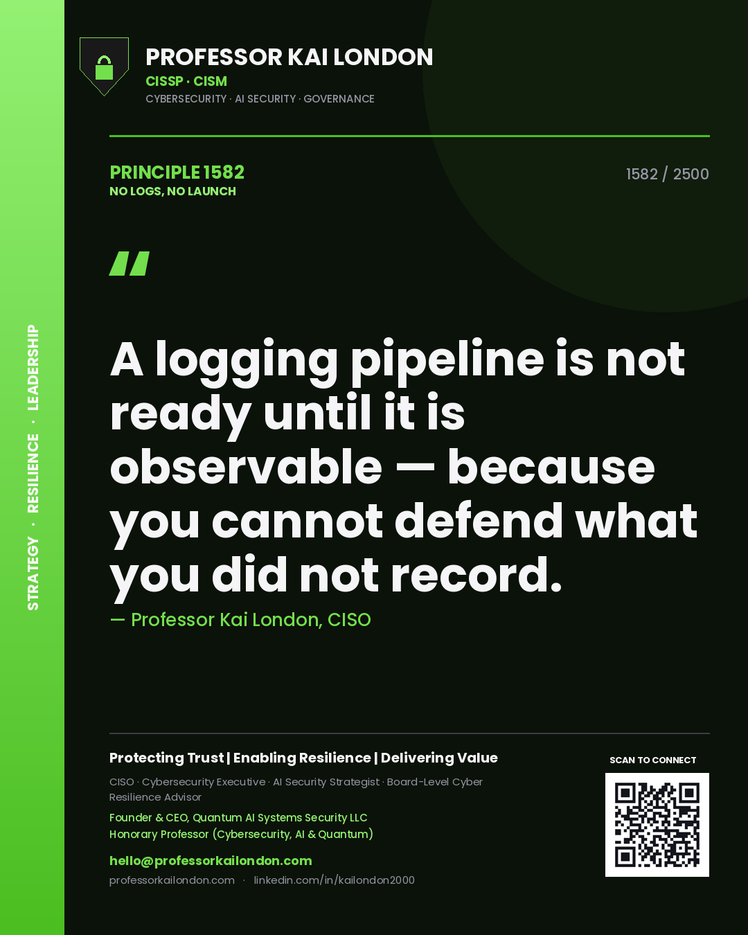 Quote card by Professor Kai London reading 'A logging pipeline is not ready until it is observable — because you cannot defend what you did not record.'. From the book No Logs, No Launch.