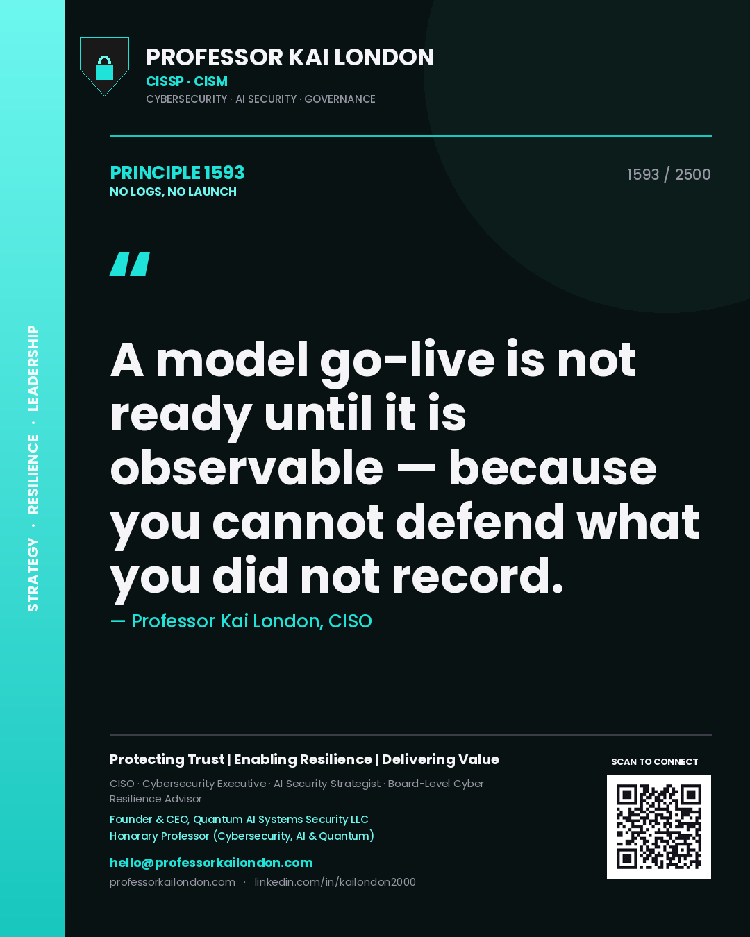 Quote card by Professor Kai London reading 'A model go-live is not ready until it is observable — because you cannot defend what you did not record.'. From the book No Logs, No Launch.