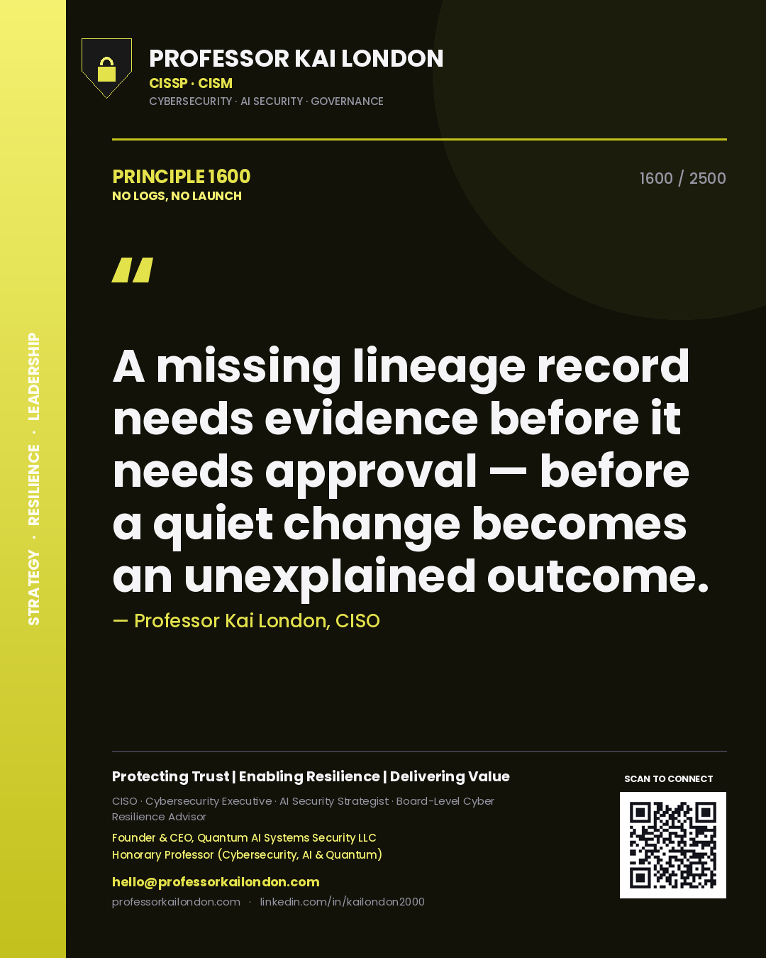 Professor Kai London principle 1600: A missing lineage record needs evidence before it needs approval — before a quiet change becomes an unexplained outcome.
