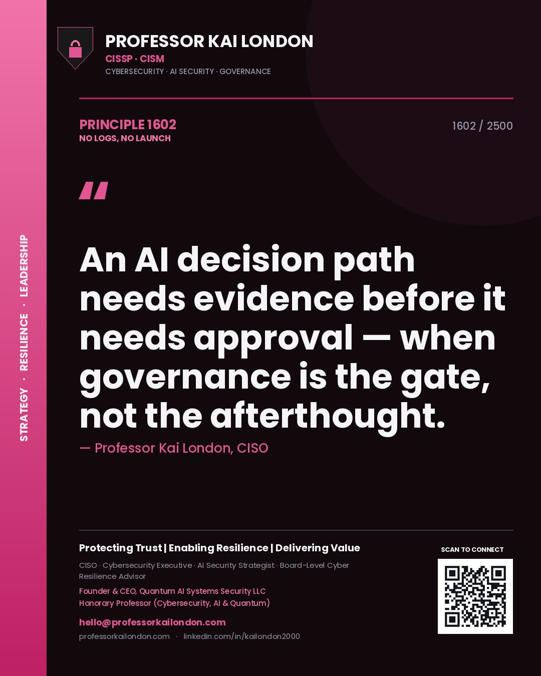 Professor Kai London principle 1602: An AI decision path needs evidence before it needs approval — when governance is the gate, not the afterthought.