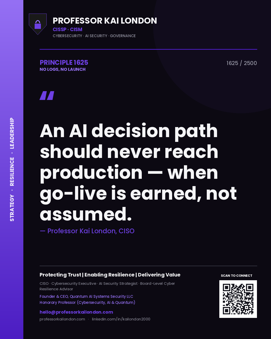 Professor Kai London principle 1625: An AI decision path should never reach production — when go-live is earned, not assumed.