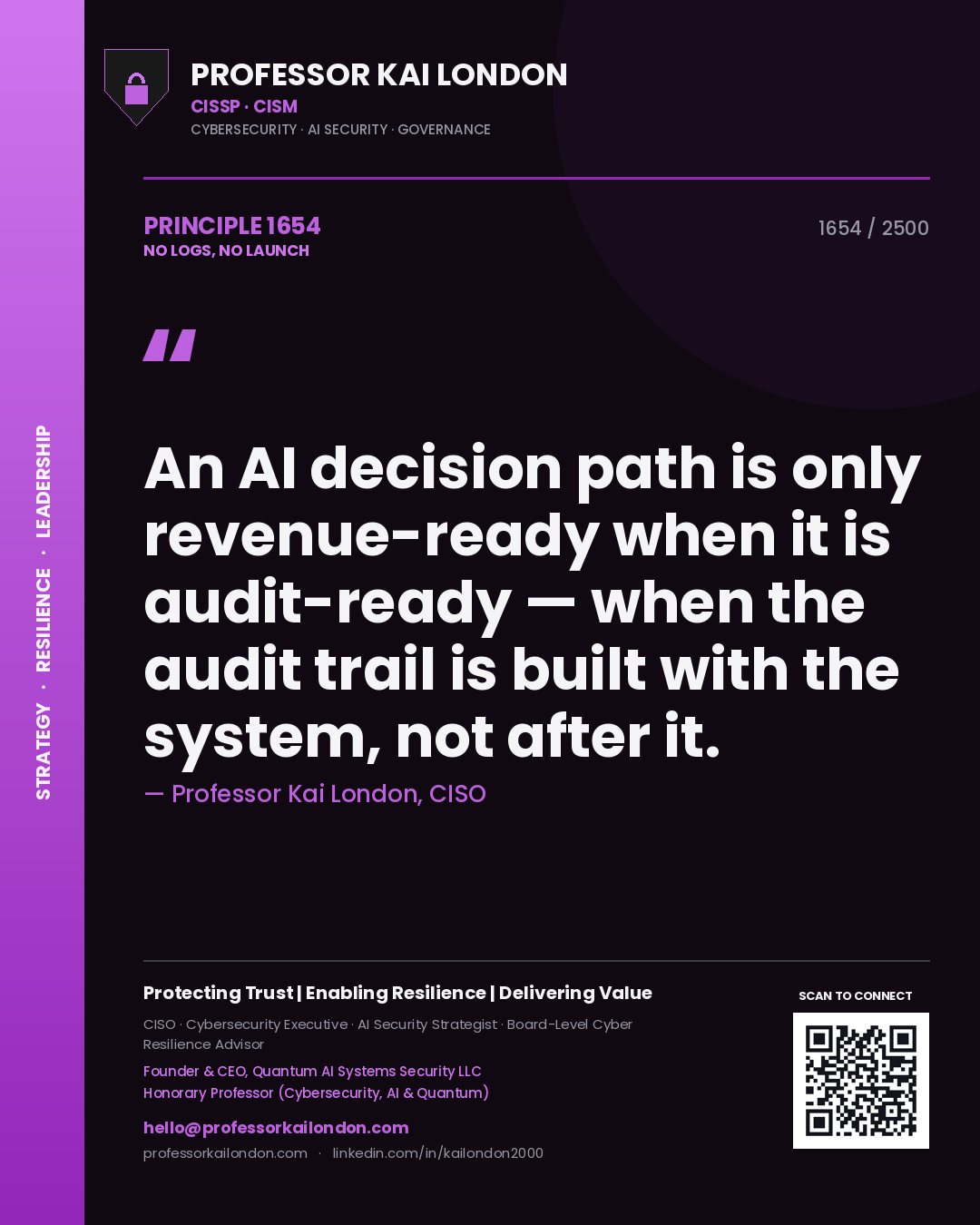 Quote card by Professor Kai London reading 'An AI decision path is only revenue-ready when it is audit-ready — when the audit trail is built with the system, not after it.'. From the book No Logs, No Launch.
