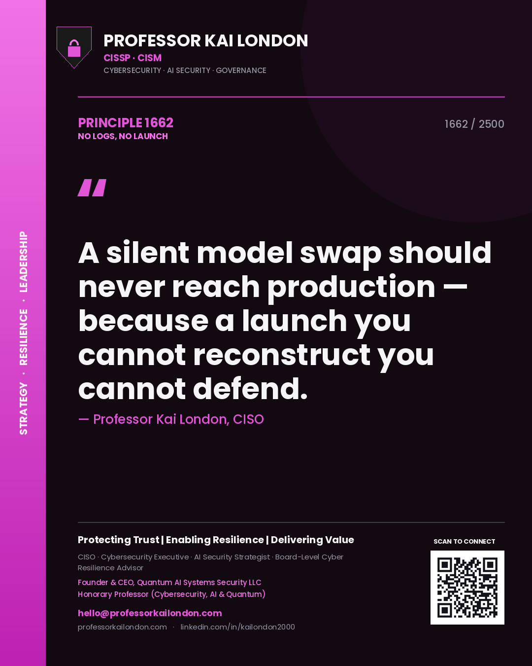 Professor Kai London principle 1662: A silent model swap should never reach production — because a launch you cannot reconstruct you cannot defend.