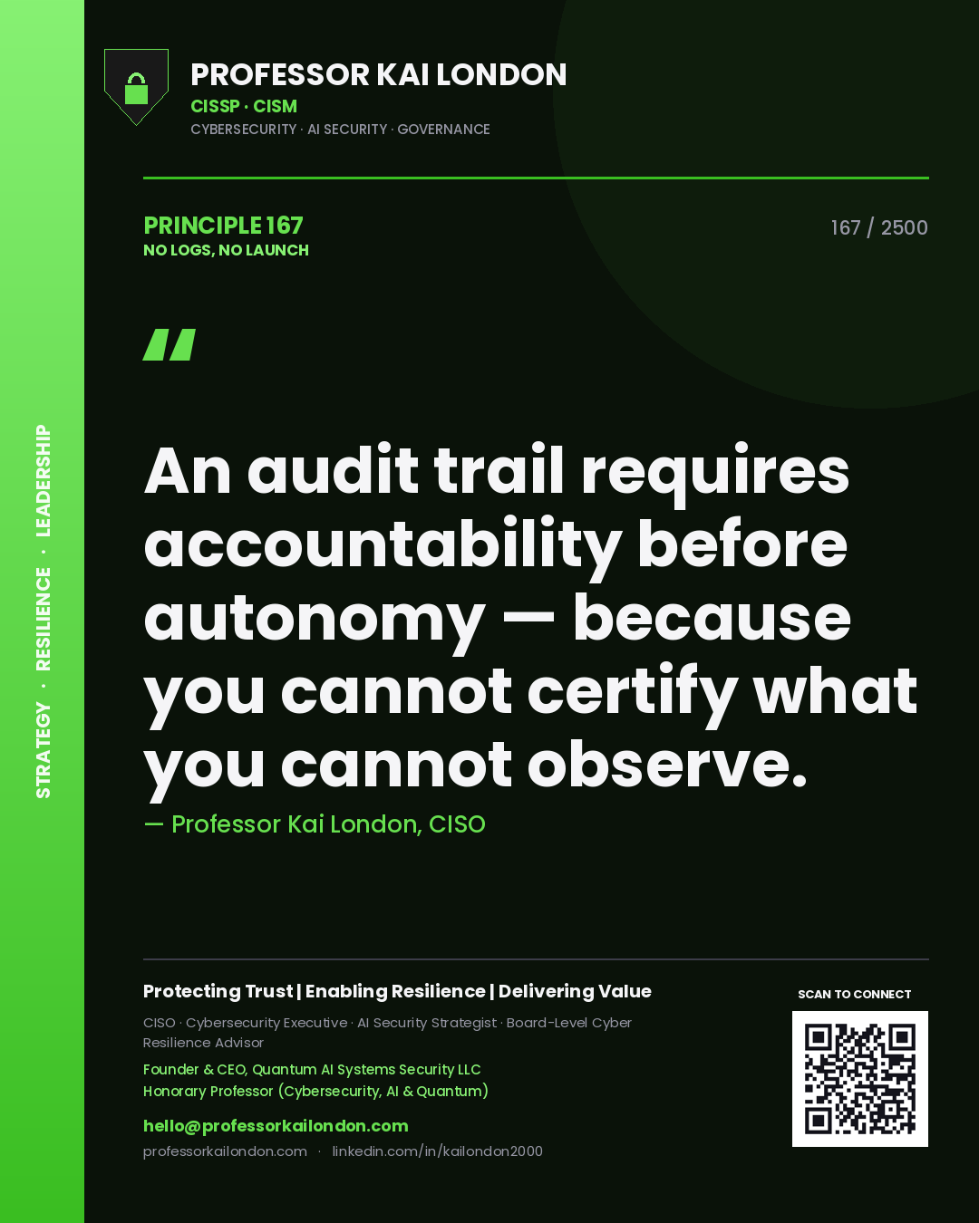 Quote card by Professor Kai London reading 'An audit trail requires accountability before autonomy — because you cannot certify what you cannot observe.'. From the book No Logs, No Launch.