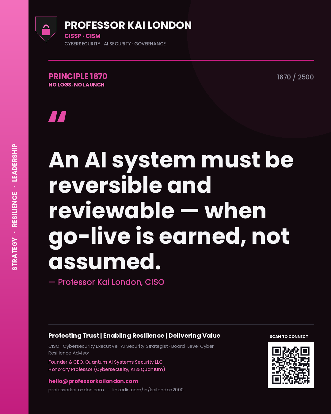 Professor Kai London principle 1670: An AI system must be reversible and reviewable — when go-live is earned, not assumed.