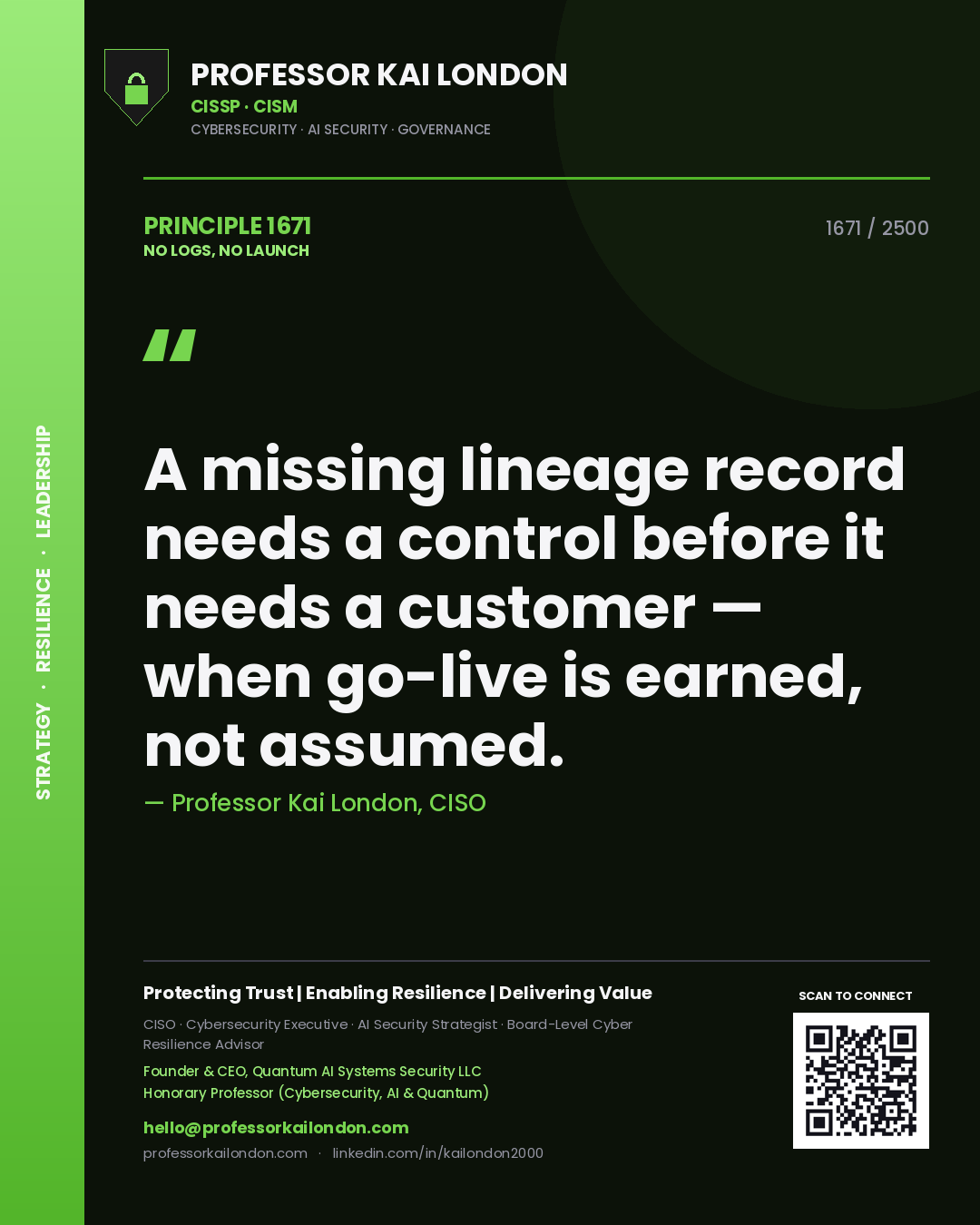 Professor Kai London principle 1671: A missing lineage record needs a control before it needs a customer — when go-live is earned, not assumed.