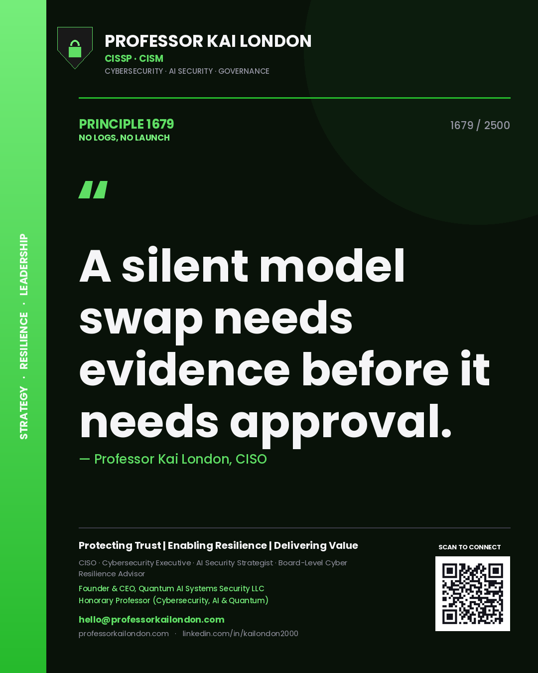 Quote card by Professor Kai London reading 'A silent model swap needs evidence before it needs approval.'. From the book No Logs, No Launch.