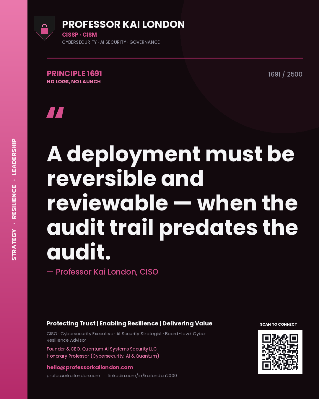 Quote card by Professor Kai London reading 'A deployment must be reversible and reviewable — when the audit trail predates the audit.'. From the book No Logs, No Launch.