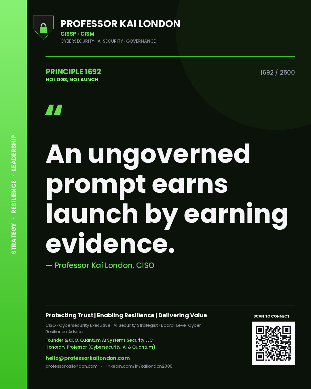 Quote card by Professor Kai London reading 'An ungoverned prompt earns launch by earning evidence.'. From the book No Logs, No Launch.