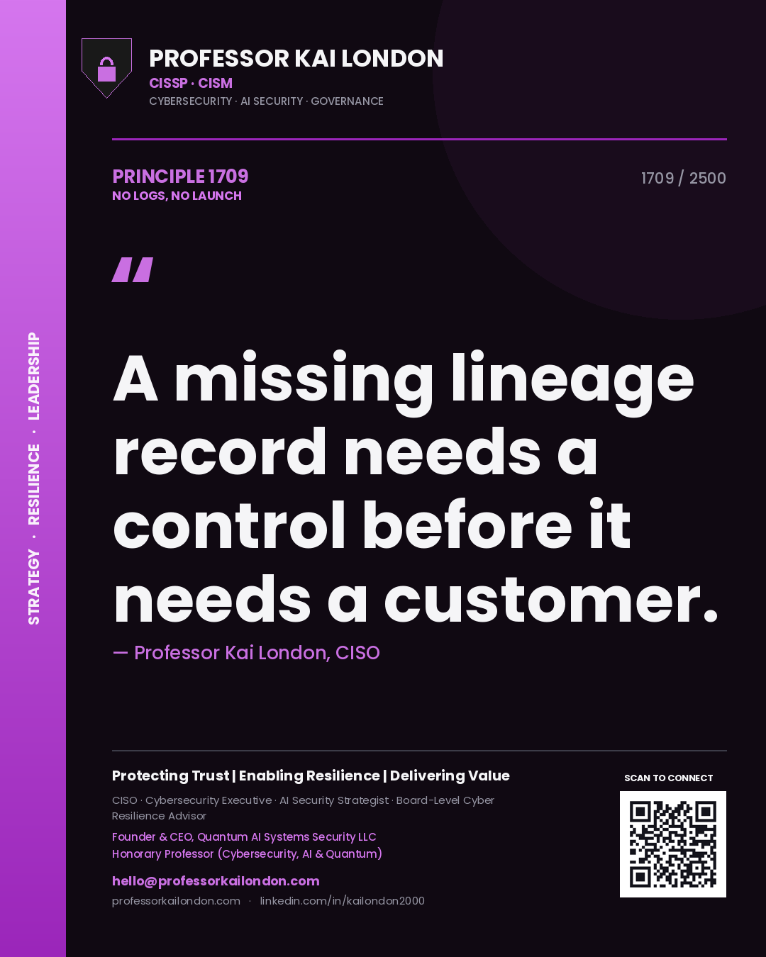 Professor Kai London principle 1709: A missing lineage record needs a control before it needs a customer.