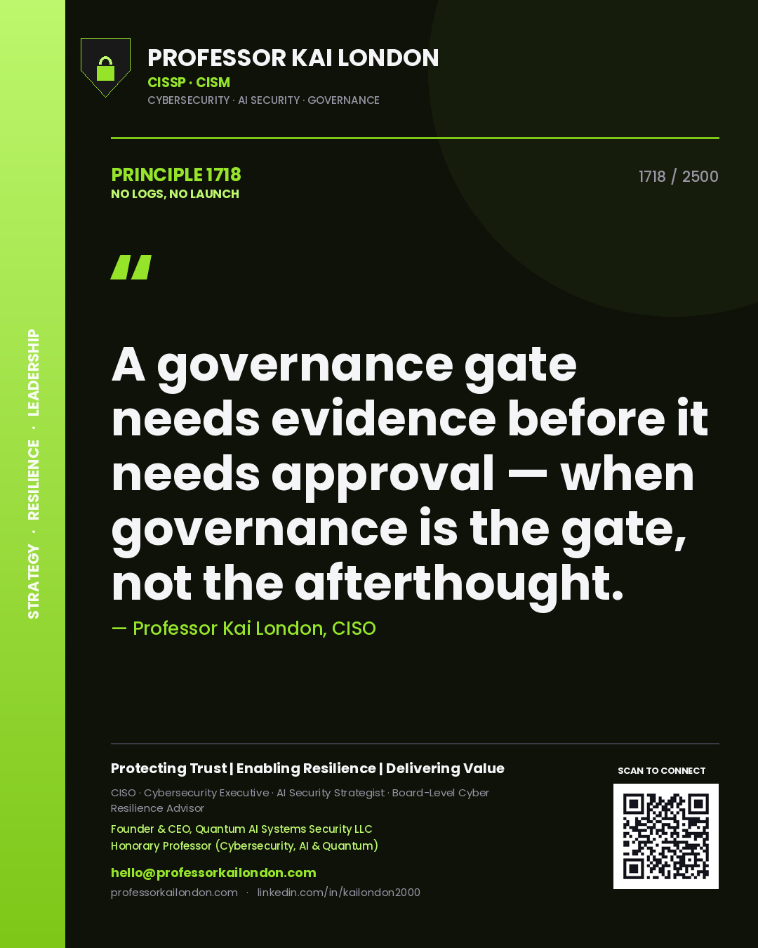 Professor Kai London principle 1718: A governance gate needs evidence before it needs approval — when governance is the gate, not the afterthought.