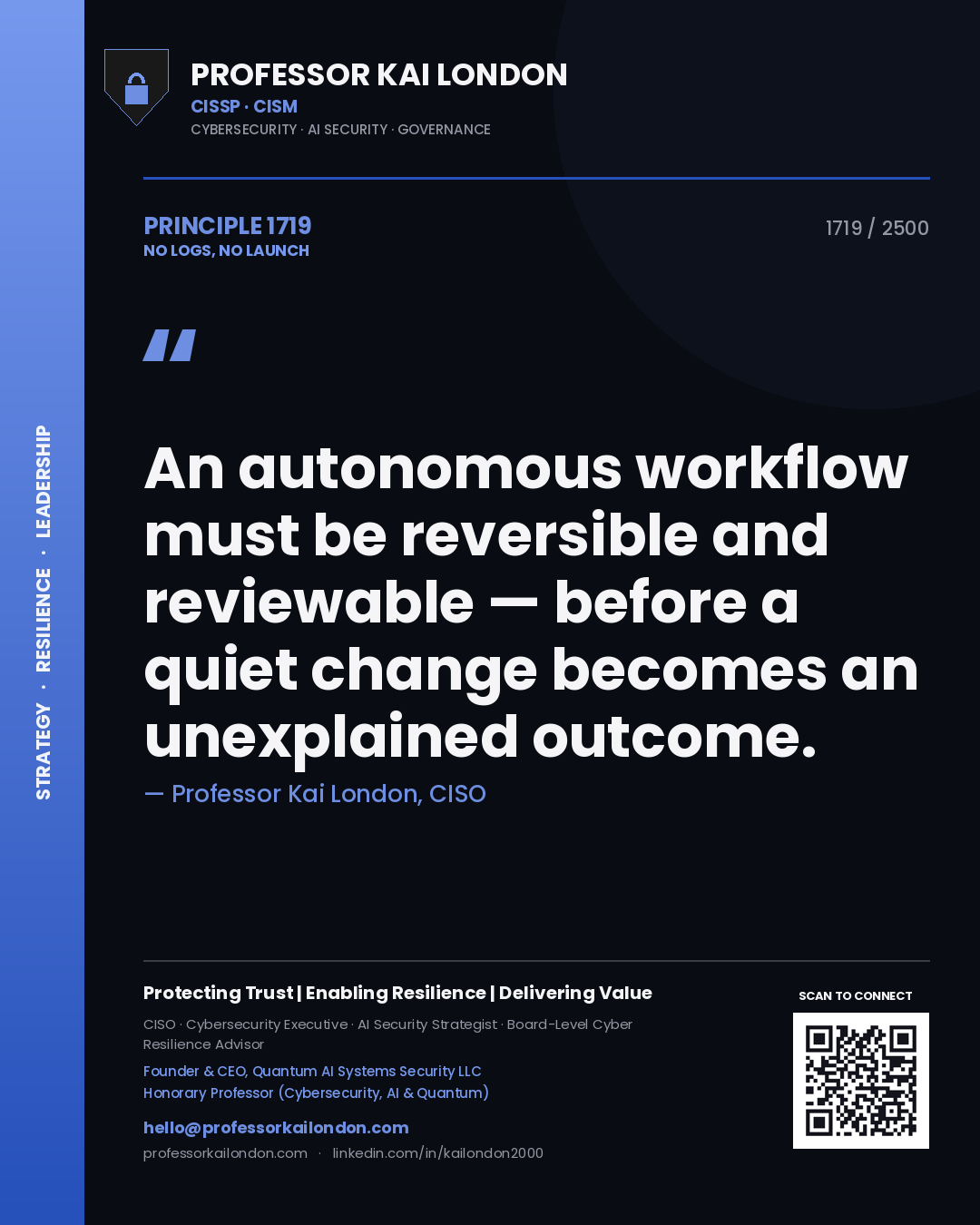 Professor Kai London principle 1719: An autonomous workflow must be reversible and reviewable — before a quiet change becomes an unexplained outcome.
