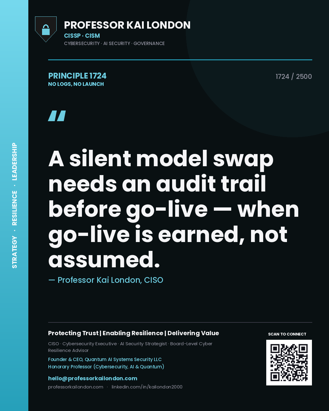 Professor Kai London principle 1724: A silent model swap needs an audit trail before go-live — when go-live is earned, not assumed.