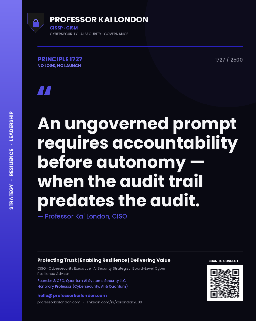 Quote card by Professor Kai London reading 'An ungoverned prompt requires accountability before autonomy — when the audit trail predates the audit.'. From the book No Logs, No Launch.