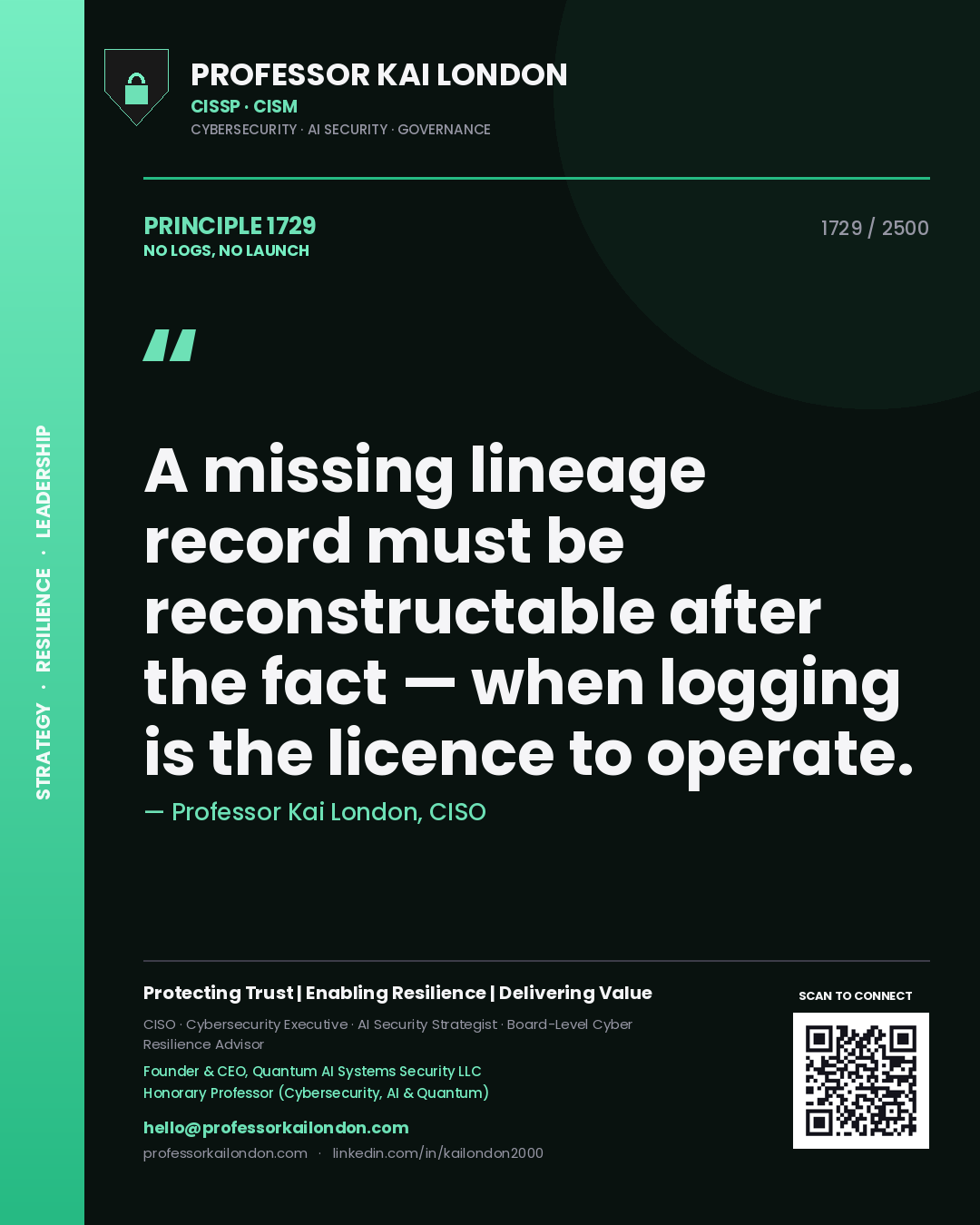 Professor Kai London principle 1729: A missing lineage record must be reconstructable after the fact — when logging is the licence to operate.