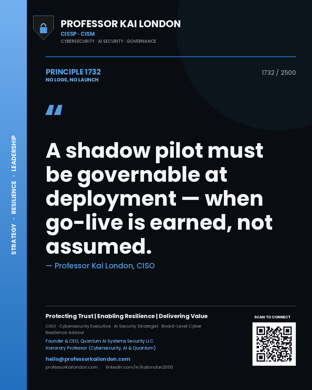 Quote card by Professor Kai London reading 'A shadow pilot must be governable at deployment — when go-live is earned, not assumed.'. From the book No Logs, No Launch.