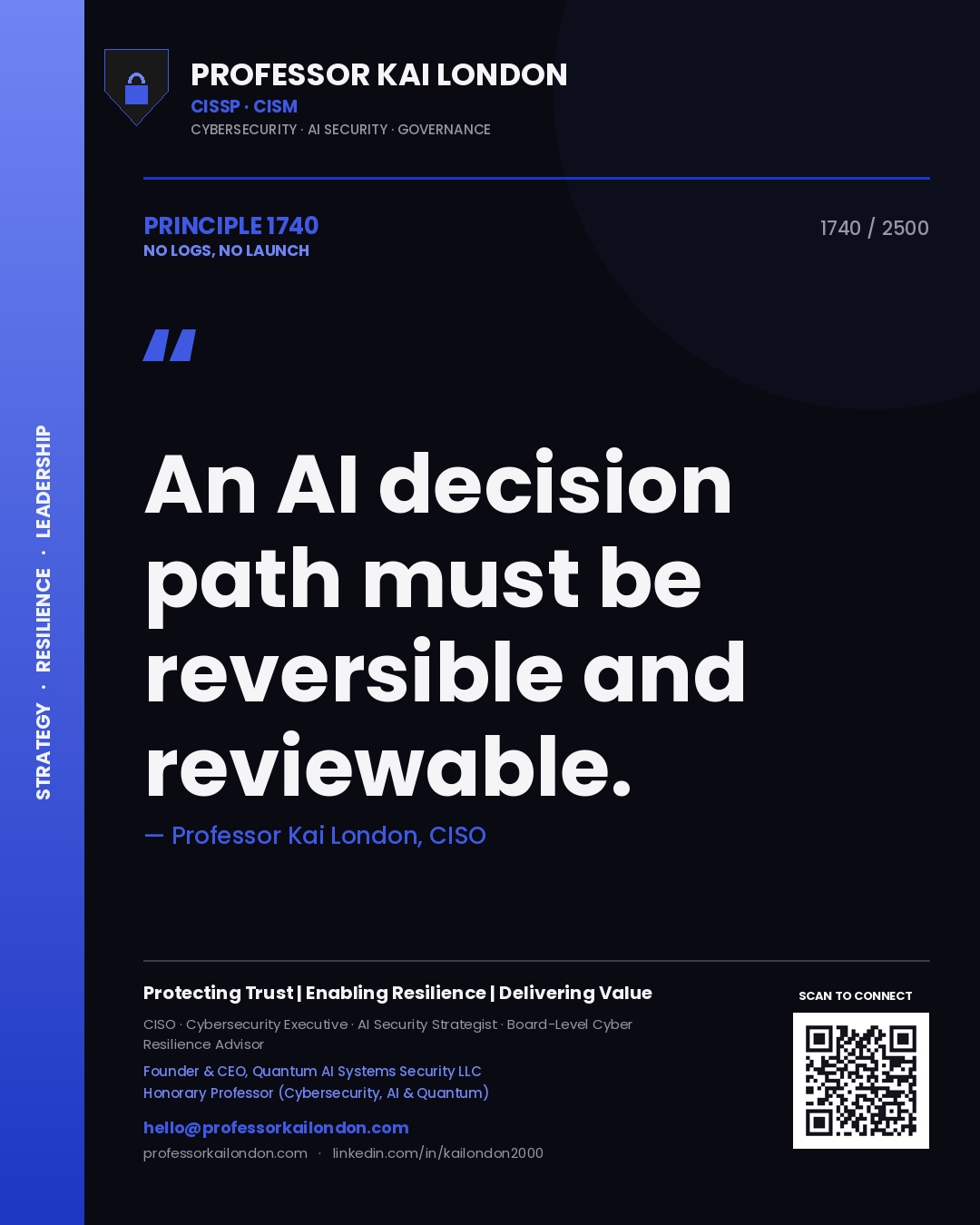 Quote card by Professor Kai London reading 'An AI decision path must be reversible and reviewable.'. From the book No Logs, No Launch.