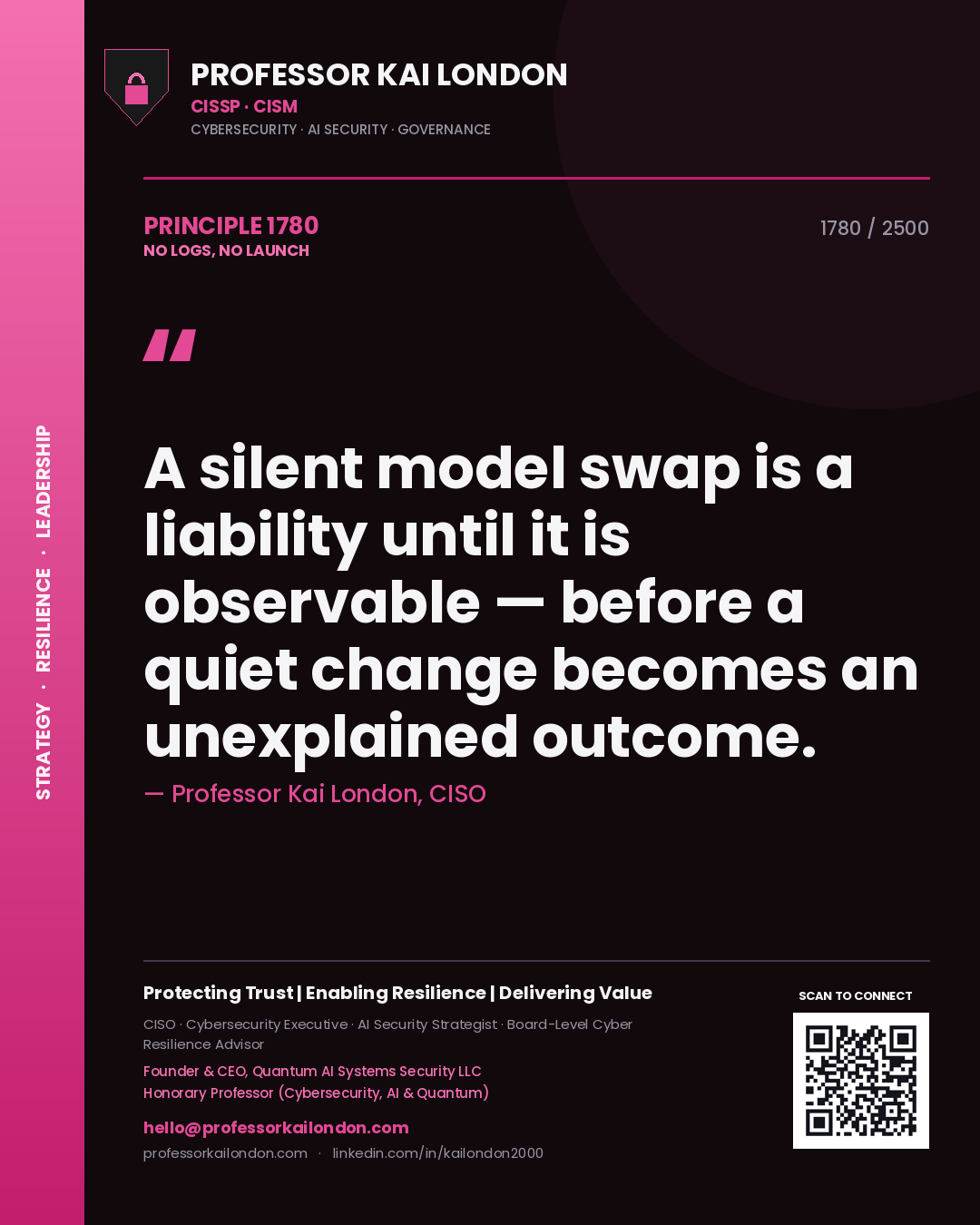Quote card by Professor Kai London reading 'A silent model swap is a liability until it is observable — before a quiet change becomes an unexplained outcome.'. From the book No Logs, No Launch.