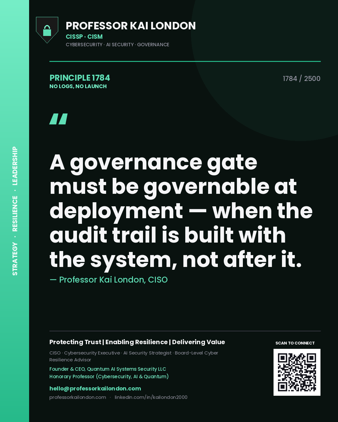 Quote card by Professor Kai London reading 'A governance gate must be governable at deployment — when the audit trail is built with the system, not after it.'. From the book No Logs, No Launch.
