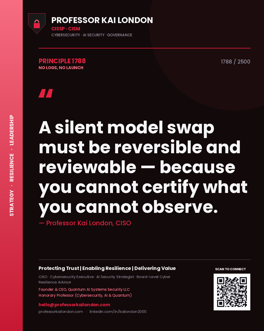 Quote card by Professor Kai London reading 'A silent model swap must be reversible and reviewable — because you cannot certify what you cannot observe.'. From the book No Logs, No Launch.