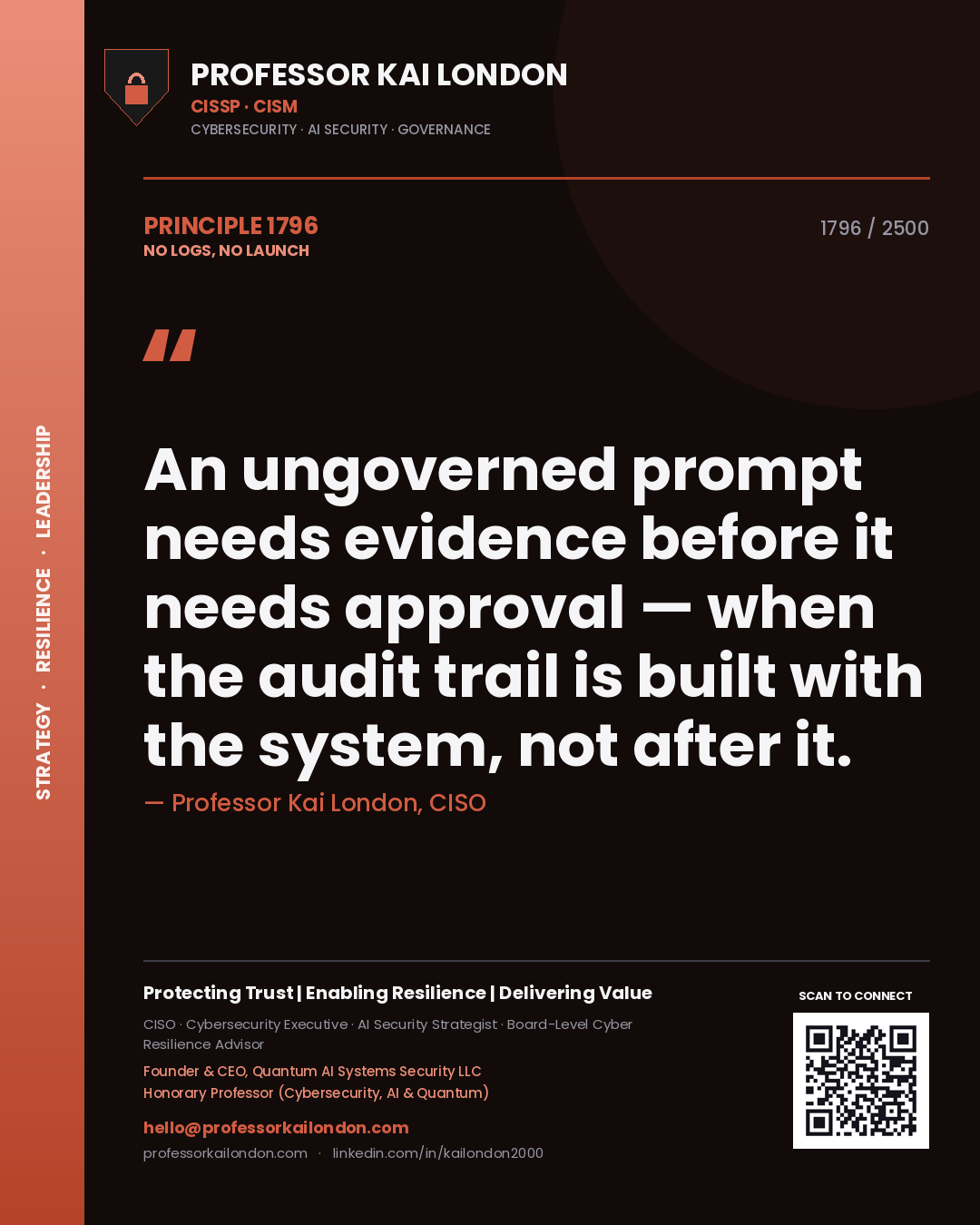 Quote card by Professor Kai London reading 'An ungoverned prompt needs evidence before it needs approval — when the audit trail is built with the system, not after it.'. From the book No Logs, No Launch.