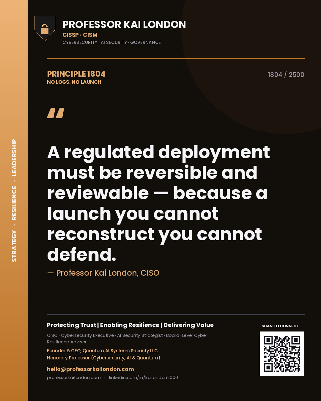 Professor Kai London principle 1804: A regulated deployment must be reversible and reviewable — because a launch you cannot reconstruct you cannot defend.
