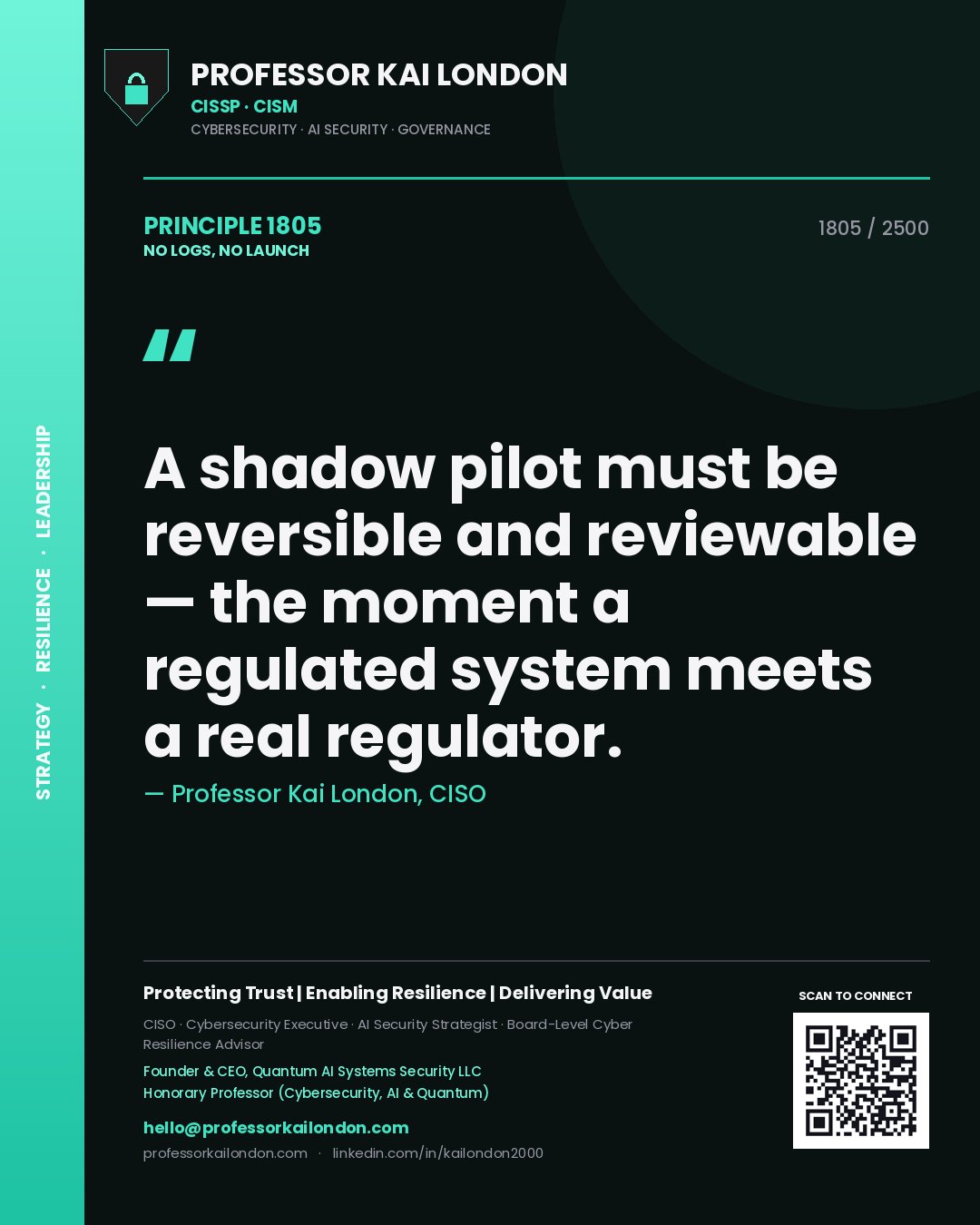 Professor Kai London principle 1805: A shadow pilot must be reversible and reviewable — the moment a regulated system meets a real regulator.