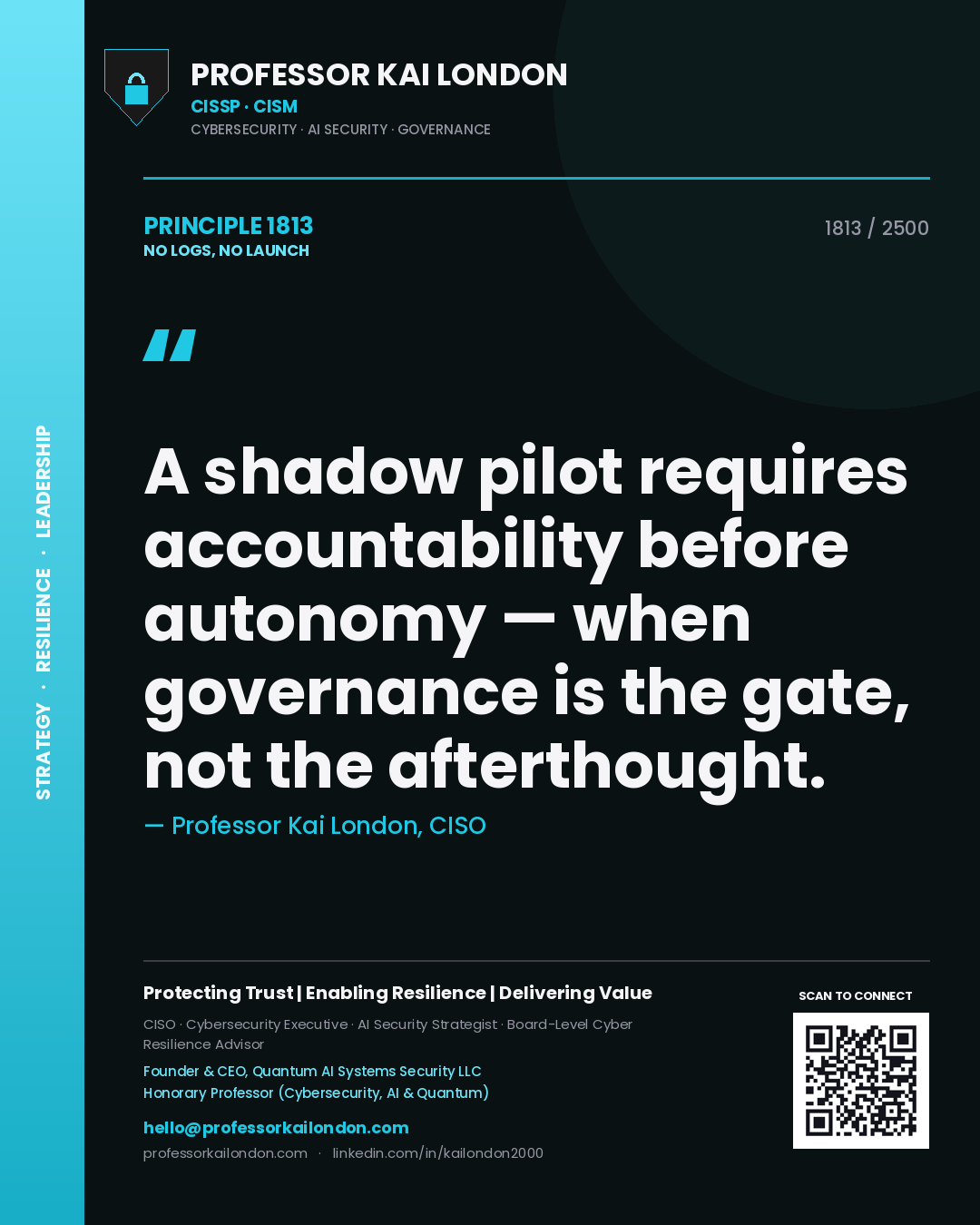 Quote card by Professor Kai London reading 'A shadow pilot requires accountability before autonomy — when governance is the gate, not the afterthought.'. From the book No Logs, No Launch.