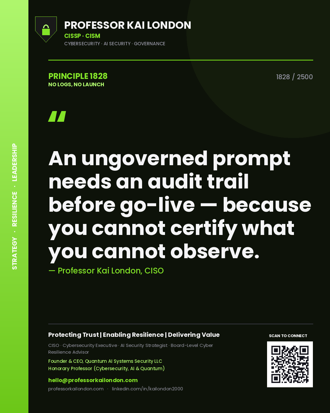 Quote card by Professor Kai London reading 'An ungoverned prompt needs an audit trail before go-live — because you cannot certify what you cannot observe.'. From the book No Logs, No Launch.