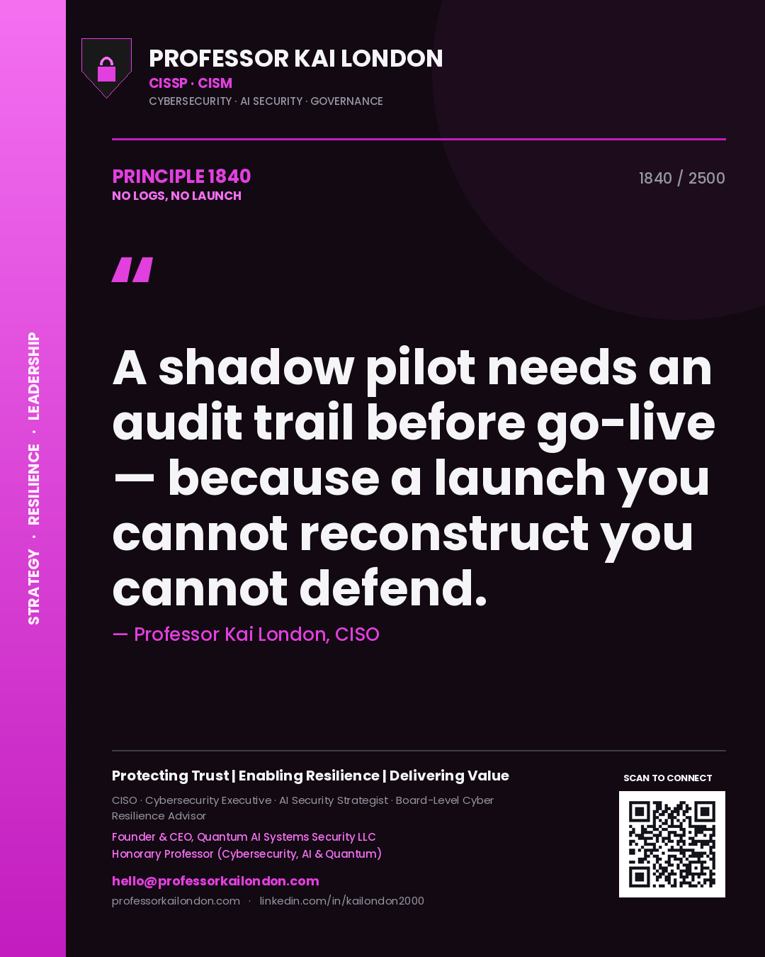 Quote card by Professor Kai London reading 'A shadow pilot needs an audit trail before go-live — because a launch you cannot reconstruct you cannot defend.'. From the book No Logs, No Launch.