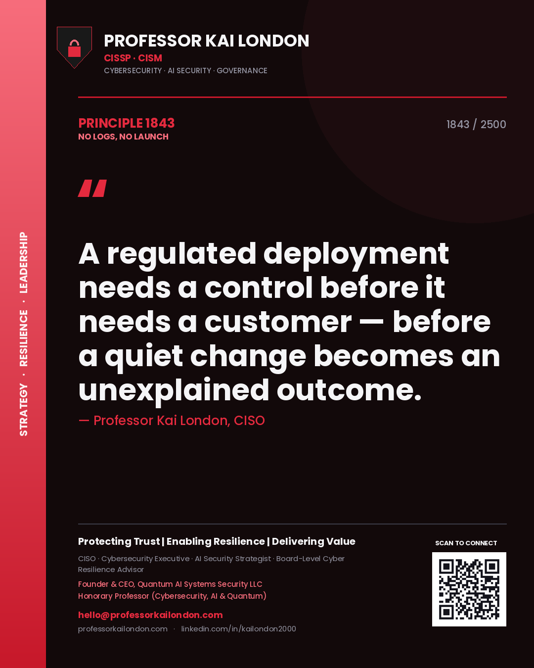 Professor Kai London principle 1843: A regulated deployment needs a control before it needs a customer — before a quiet change becomes an unexplained outcome.