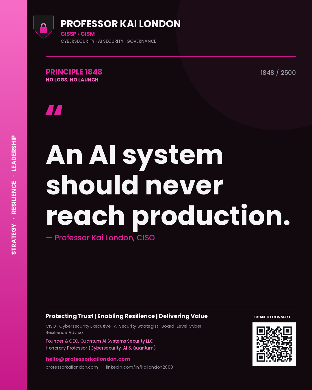 Quote card by Professor Kai London reading 'An AI system should never reach production.'. From the book No Logs, No Launch.