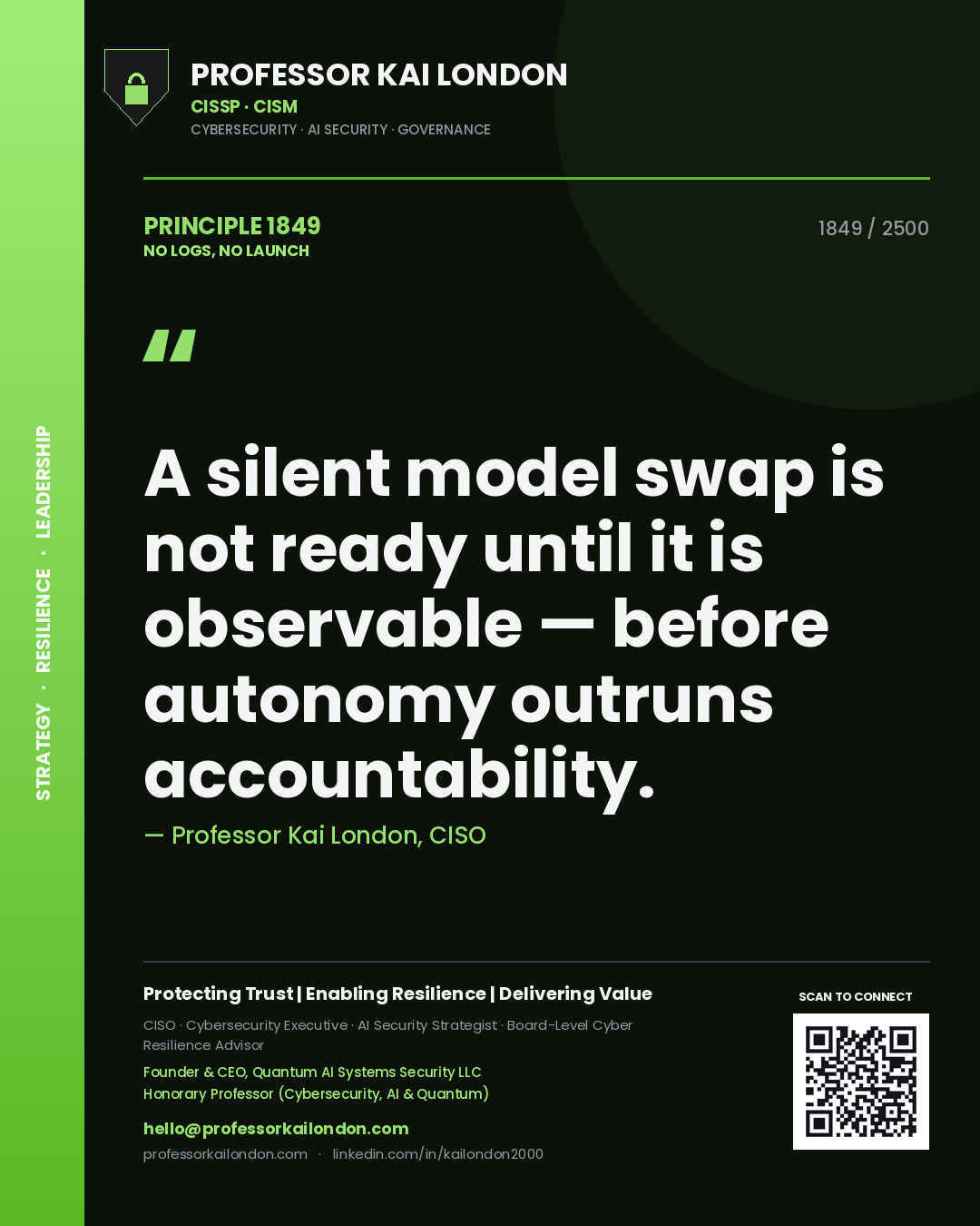 Quote card by Professor Kai London reading 'A silent model swap is not ready until it is observable — before autonomy outruns accountability.'. From the book No Logs, No Launch.