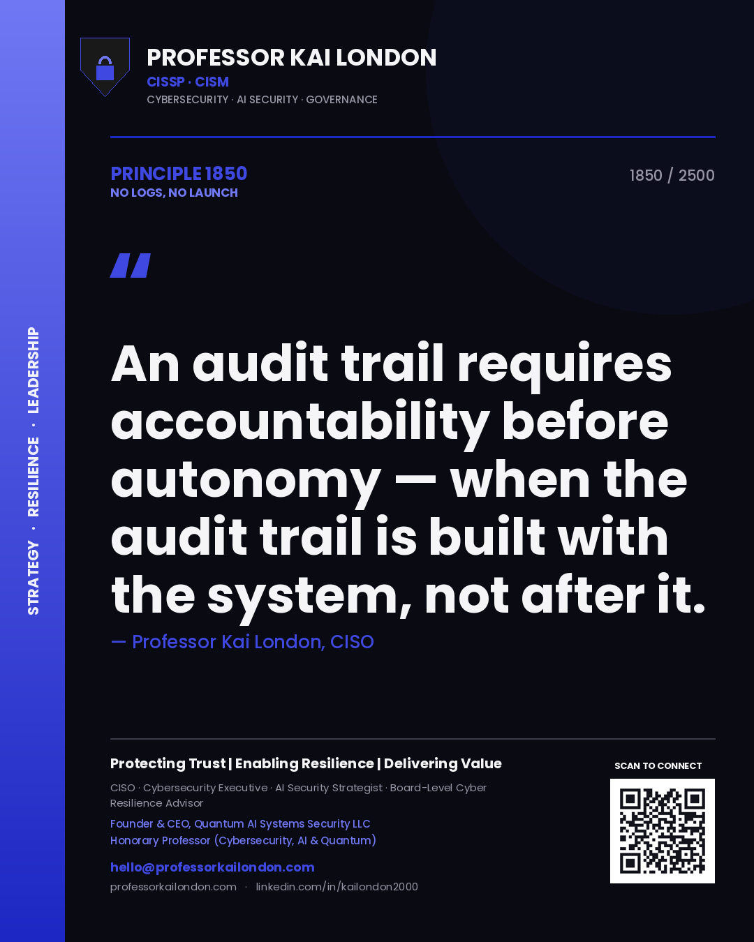 Professor Kai London principle 1850: An audit trail requires accountability before autonomy — when the audit trail is built with the system, not after it.