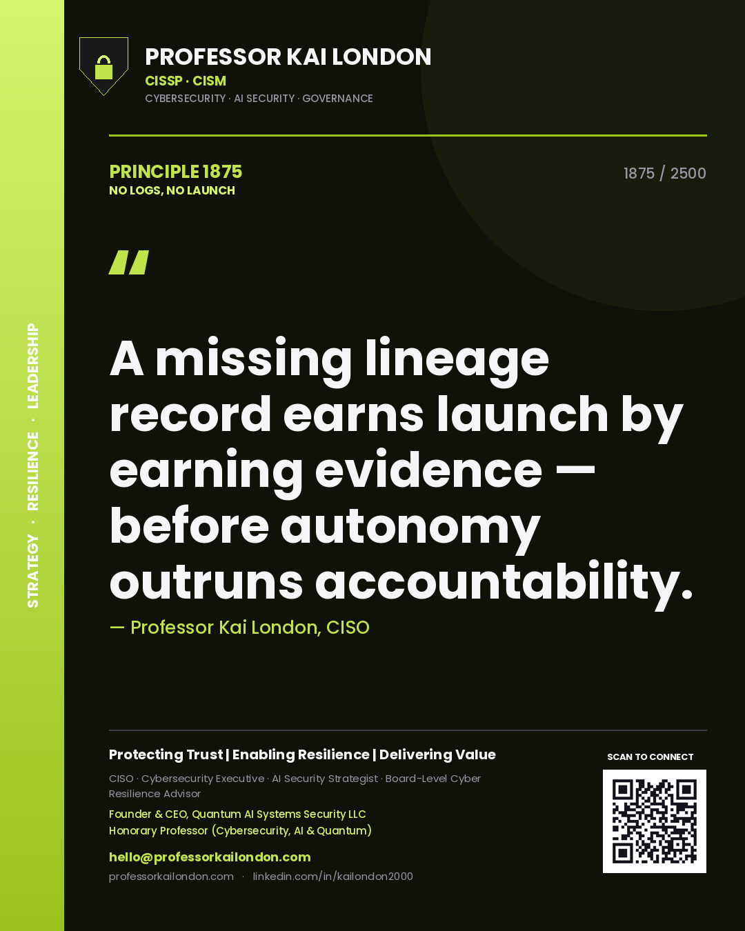 Professor Kai London principle 1875: A missing lineage record earns launch by earning evidence — before autonomy outruns accountability.