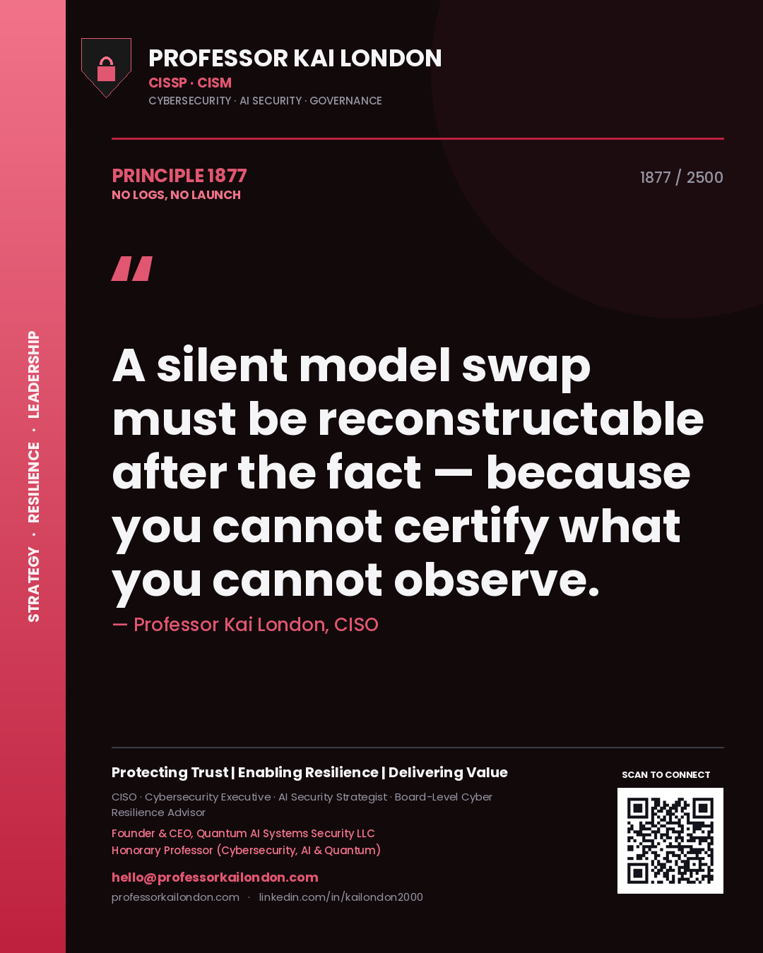 Quote card by Professor Kai London reading 'A silent model swap must be reconstructable after the fact — because you cannot certify what you cannot observe.'. From the book No Logs, No Launch.